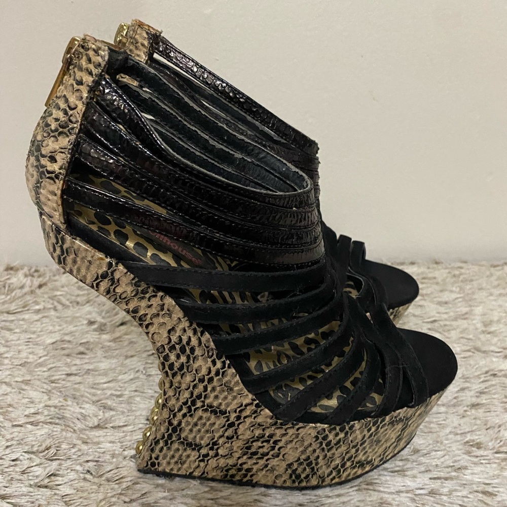 Dollhouse Black and Tan Snakeskin Wedges